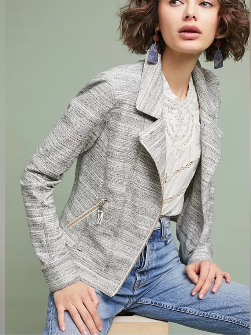 Anthropologie Gray Heather Knit Bomber Moto Jacket with Red Trim